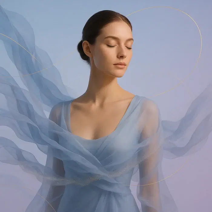 Ethereal distance energy healing visual for BioVibra, featuring a serene woman with flowing translucent fabric and golden light particles