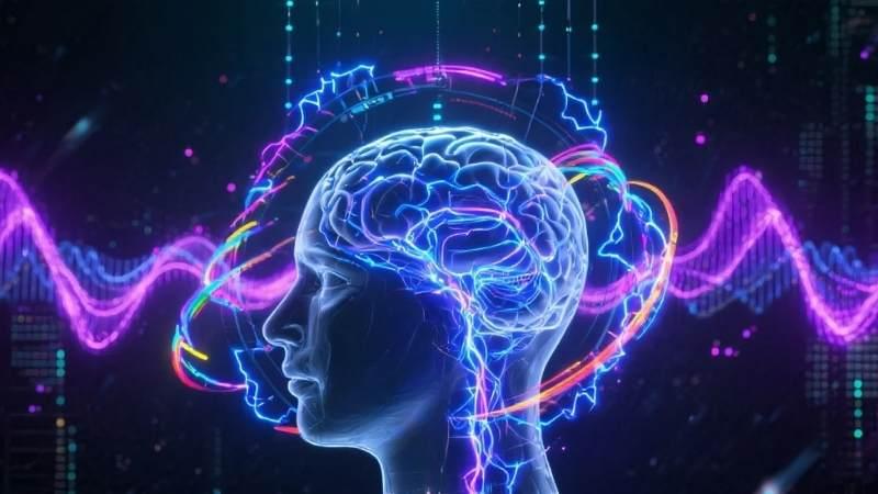 Futuristic digital illustration of a human head in profile with glowing neural networks and energy waves, symbolizing energetic brain enhancement and advanced cognitive activity